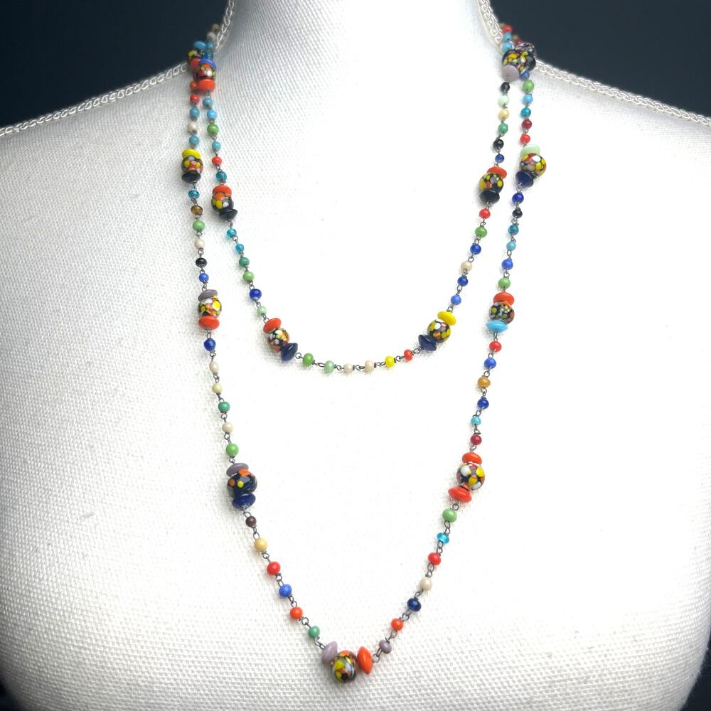Vintage Millefiori Glass Necklace Hand Wired Venetian Murano Art Deco Long Chain